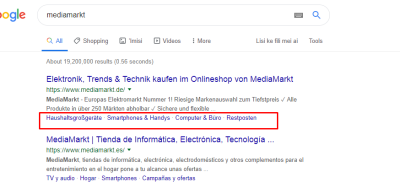 A screenshot of the Google search result with Mediamarkt.de on top with available quick links