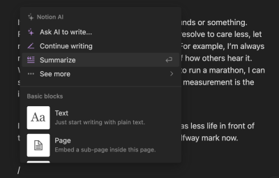 A screenshot of the Notion interface showing the option of using AI intelligence to write text, pages, and so on.