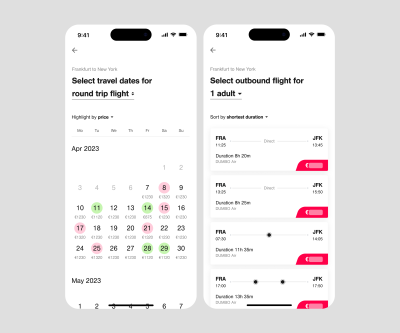 Left: Best price calendar with cached prices. Right: Flight table with reloading prices