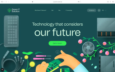 A screenshot of Green IT solution website hero image that uses the Copy Space design technique over the image. Their headline is positioned front and center, surrounding other supporting illustration elements such as keyboards, laptop fan, and various other IT devices