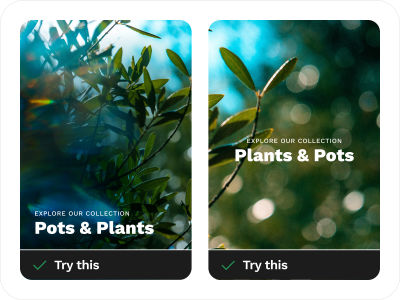 Try This and Avoid This for Accessible Text Over Images design techniques with Try This examples that use an entire image as a blurred image/background effect. On the left side, the texts are positioned at the bottom, and on the right side, the texts are positioned in the middle: ‘Explore our collection’ and ‘Pots & Plants.’