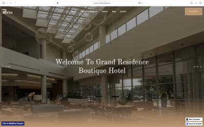 Hero image of the Porto 128 template that uses a soft-colored gradient from the bottom side to make the text readable and accessible. The text is positioned in the middle and reads ‘Welcome to Grand Residence Boutique Hotel’