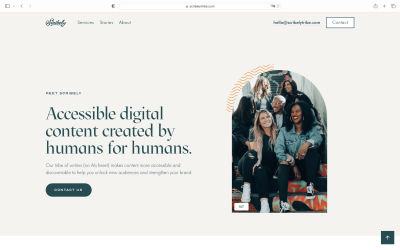 Scribely website screenshot of their hero image that uses the well-placed image and text on the left side. The text reads, ‘Accessible digital content created by humans for humans.’