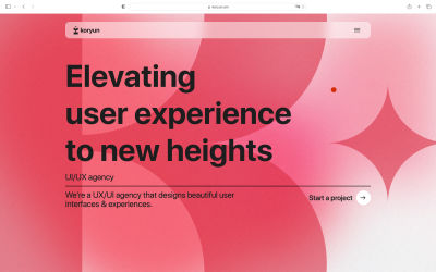 Screenshot of the Koryun design agency website, with perfect contrast between the dark-colored text and the lighter-colored red background. The heading reads, ‘Elevating user experience to new heights,’ and the sub-heading reads, ‘We're a UX/UI agency that designs beautiful user interfaces & experiences.’