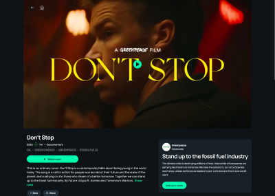 A screenshot with the call to action banner in the bottom-right corner of the “Don’t Stop” video inviting users to sign a petition