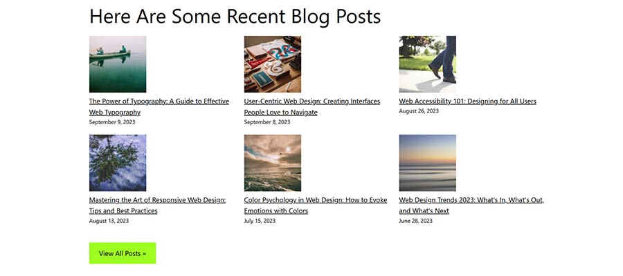 Adding the Latest Posts block with a button linking to our Blog page.