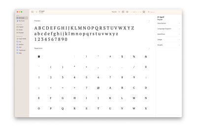 A spreadsheet with PT Serif Regular glyphs