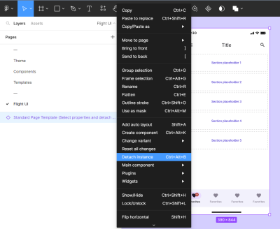 Screenshot of the steps needed in order to detach the instance from the template in Figma Design.