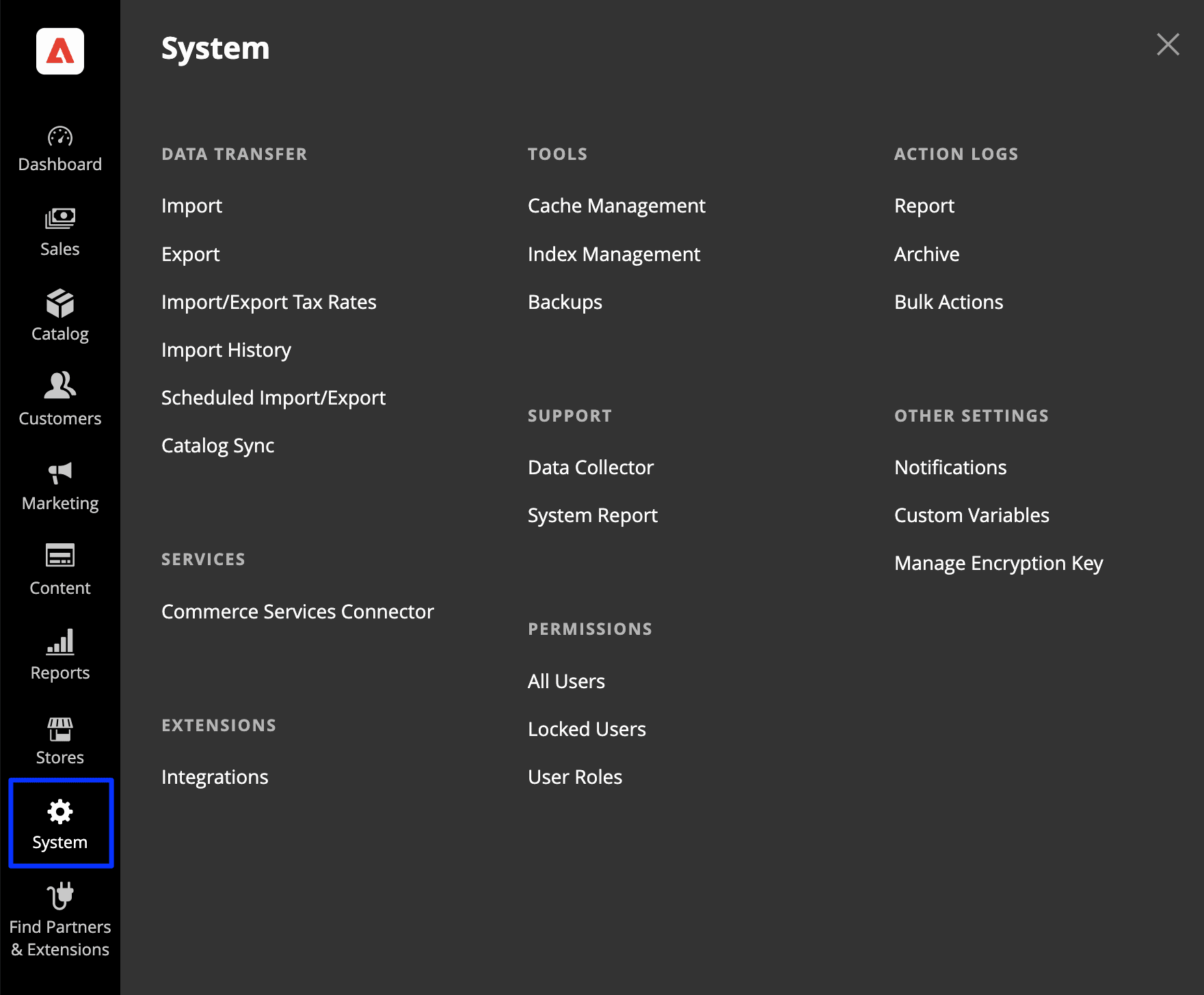The system menu for managing permissions, data, integrations, and other admin-level tasks.