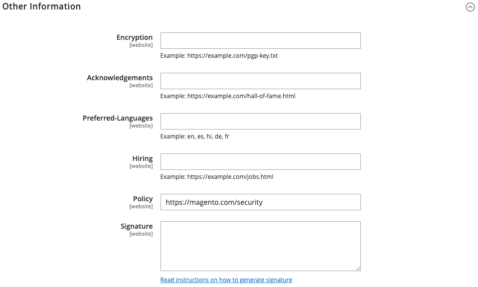 The request form for other information to enable the security.txt file.