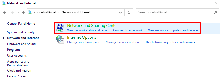 Opening the network and sharing center settings in Windows.