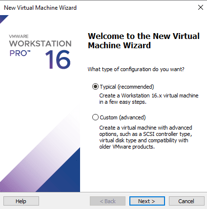 Selecting the desired configuration type for the new virtual machine on VMware.