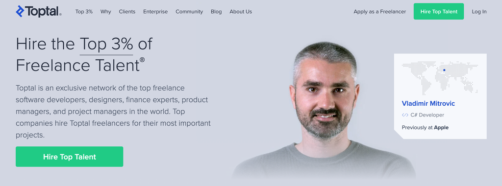 Homepage of Toptal, an Exclusive Freelancer Portal