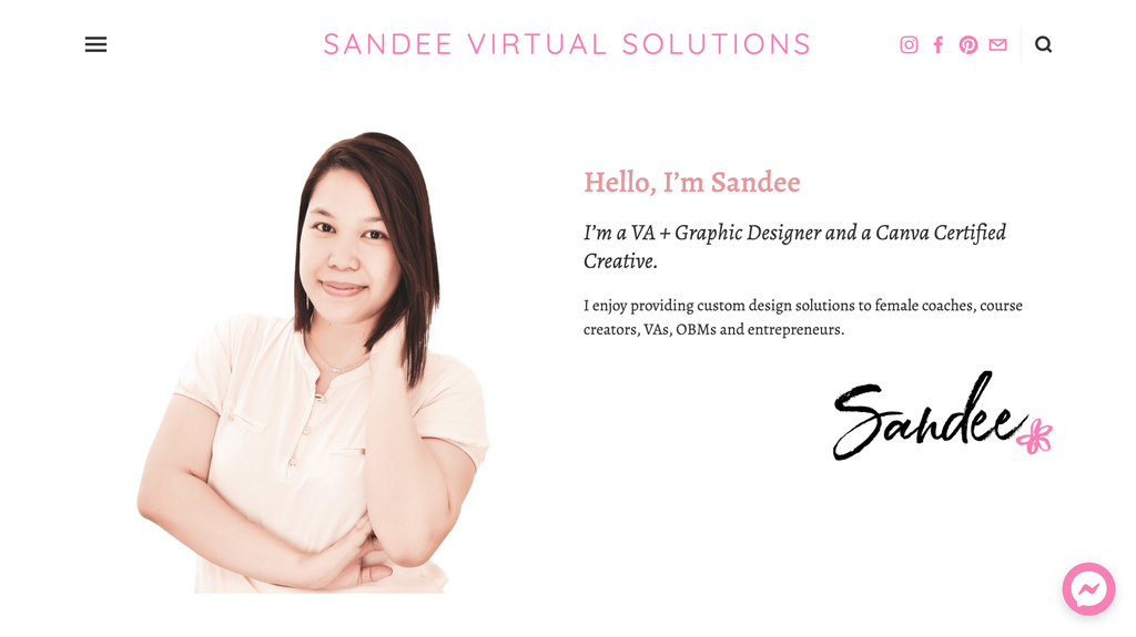 Homepage of Sandee, a Virtual Assistance Small Business Owner