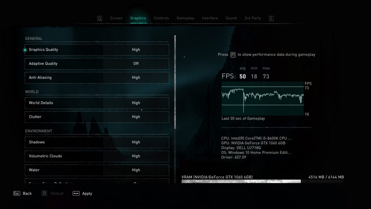 A screenshot of Assassin's Creed Valhalla's graphics settings menu,