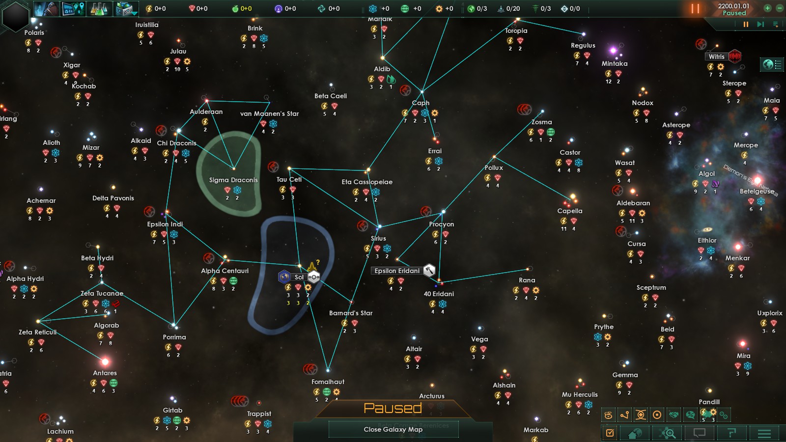 A Stellaris screenshot showing off the galaxy map with a realistic set of stars