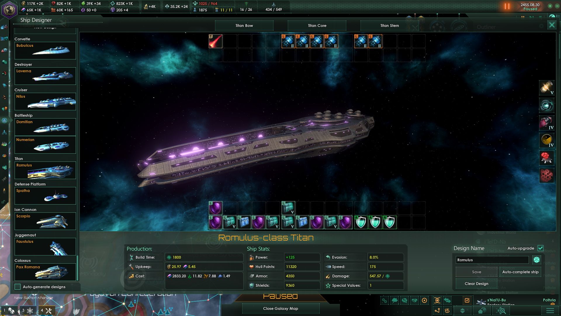 A Stellaris screenshot showing the ship designer UI. A large ship is surrounded by UI elements.