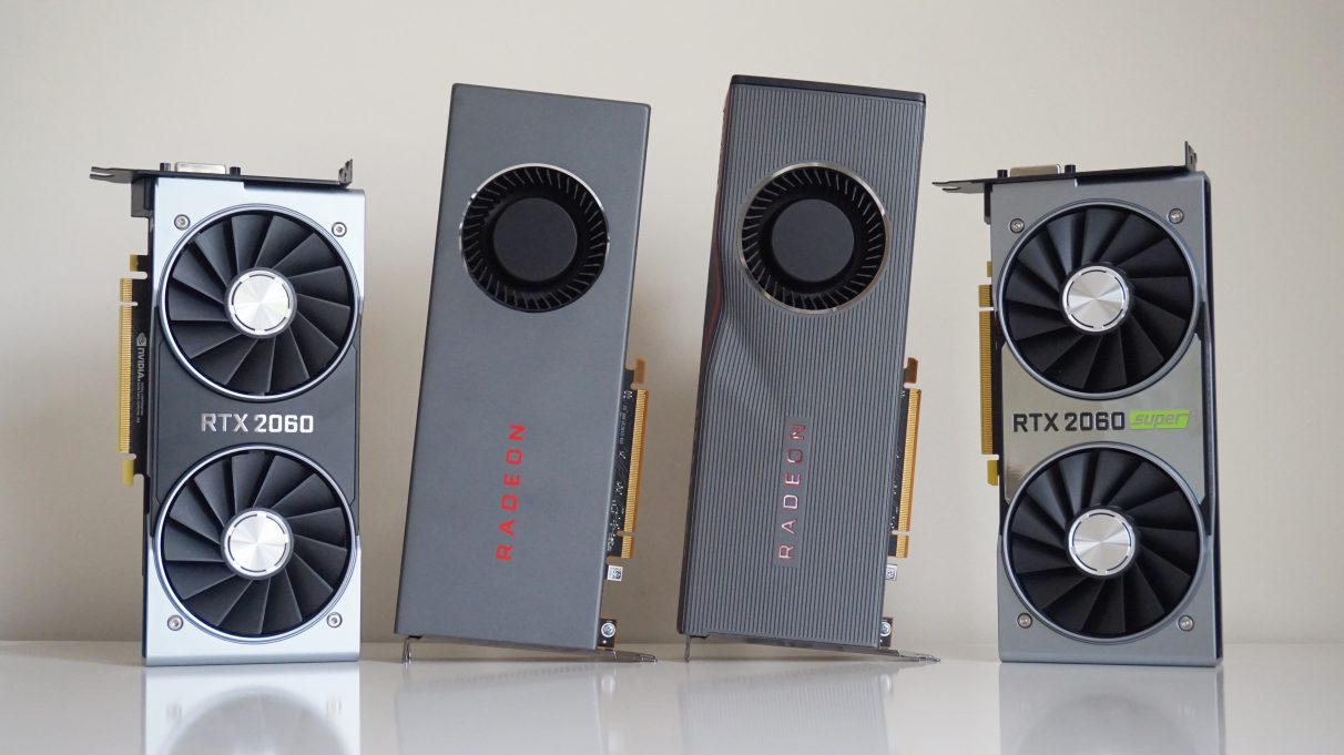 A photo showing the Nvidia RTX 2060, AMD RX 5700 and RX 5700 XT, and Nvidia RTX 2060 Super side by side on a table.