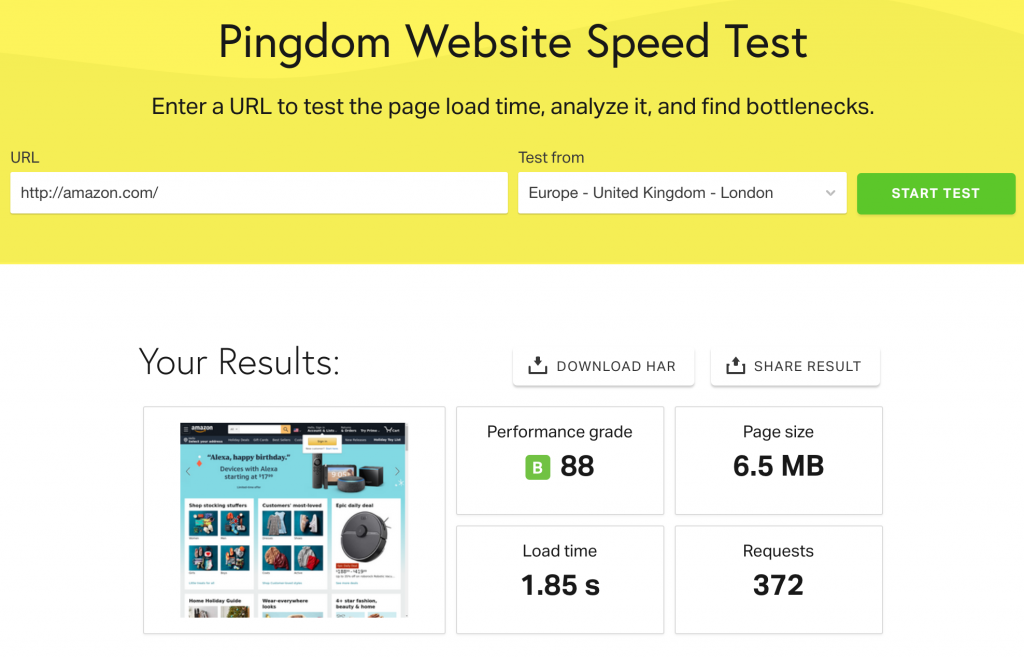 amazon.com home page pingdom performance test results showing B grade. 
