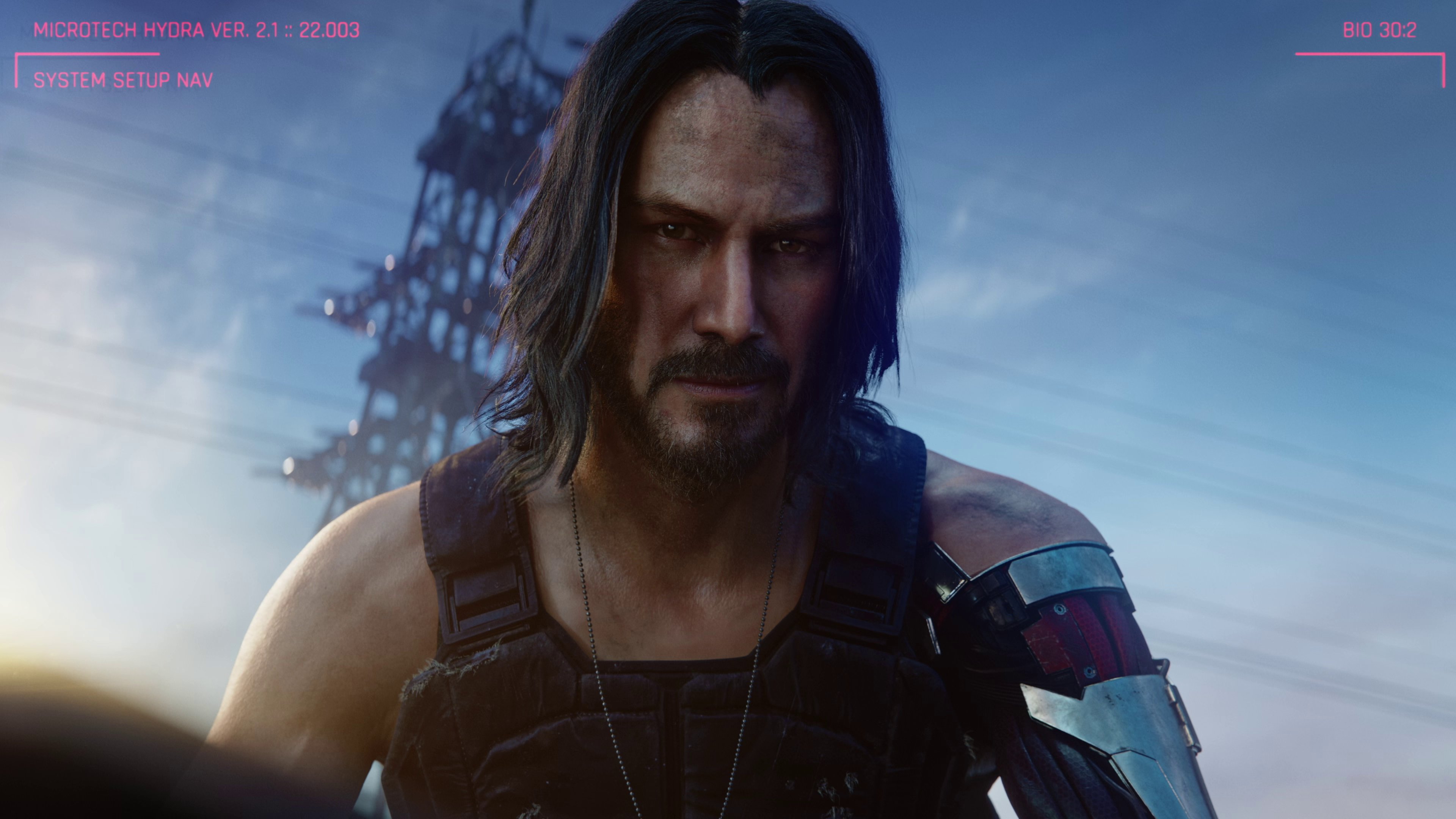 Johnny Silverhand, the Keanu Reeves fella, in a frame from E3 2019's Cyberpunk 2077 cinematic trailer.