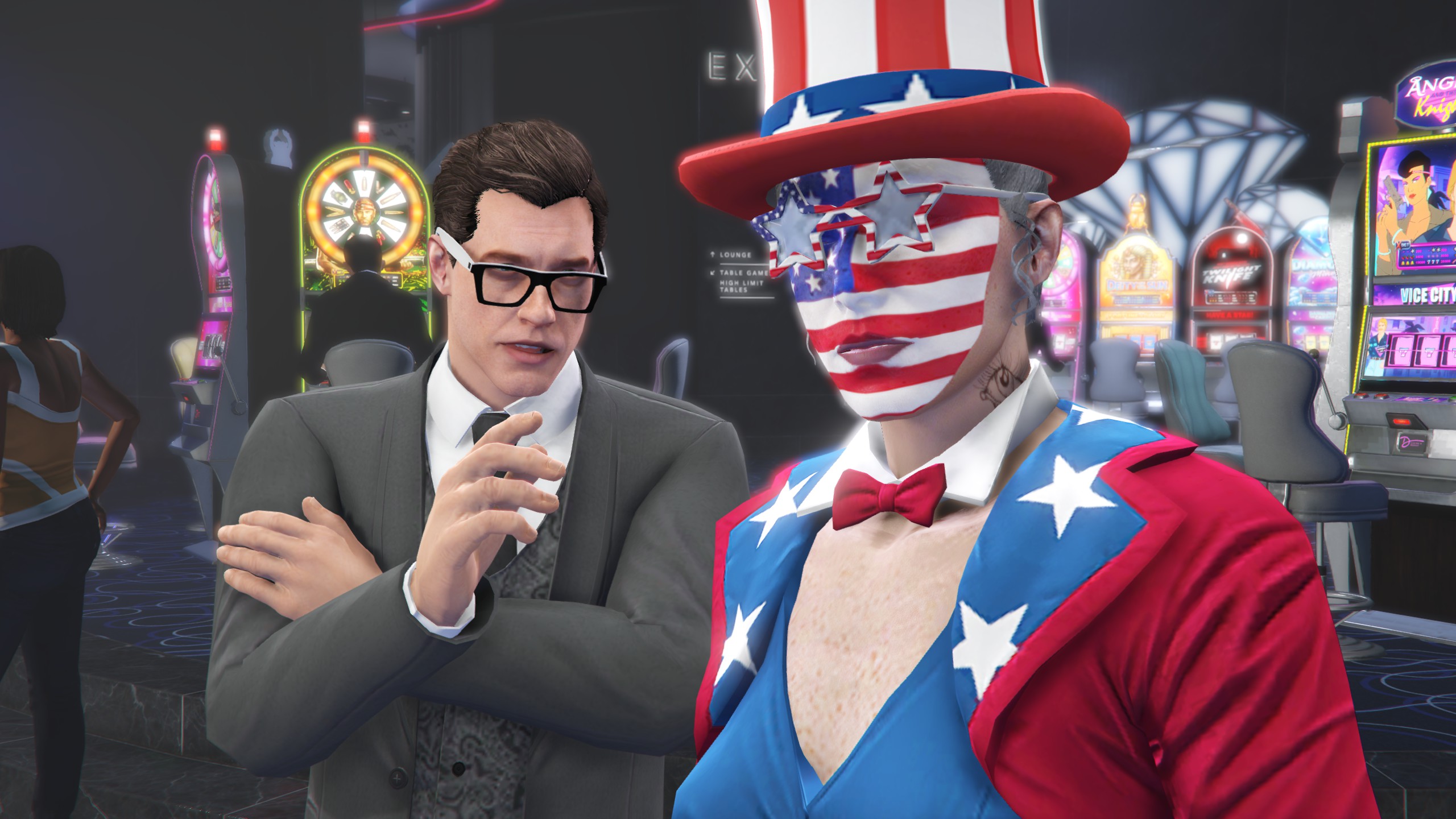 Screenshot of a patriotic GTA Online character.