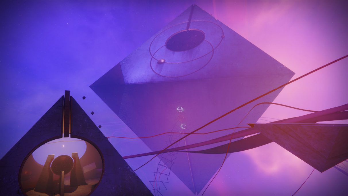 Octahedrons hang in purple-pink space in a screenshot from Destiny 2's Prophecy dungeon.