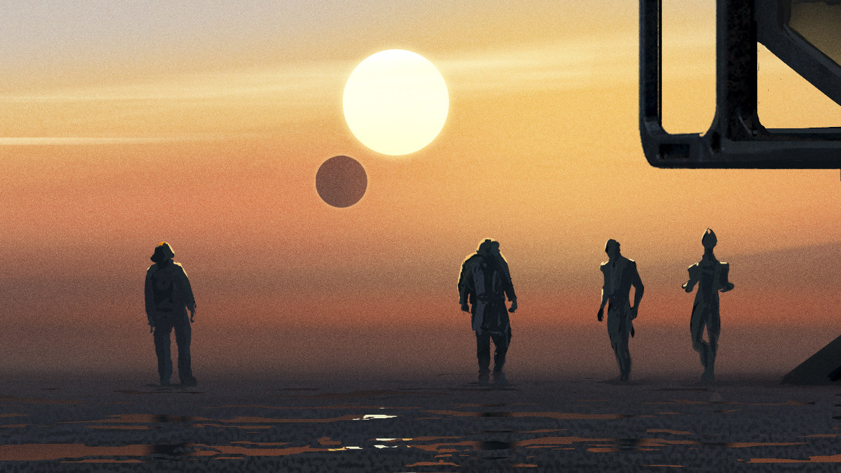 Concept art for the new Mass Effect showing four silhouetted characters on an alien planet.