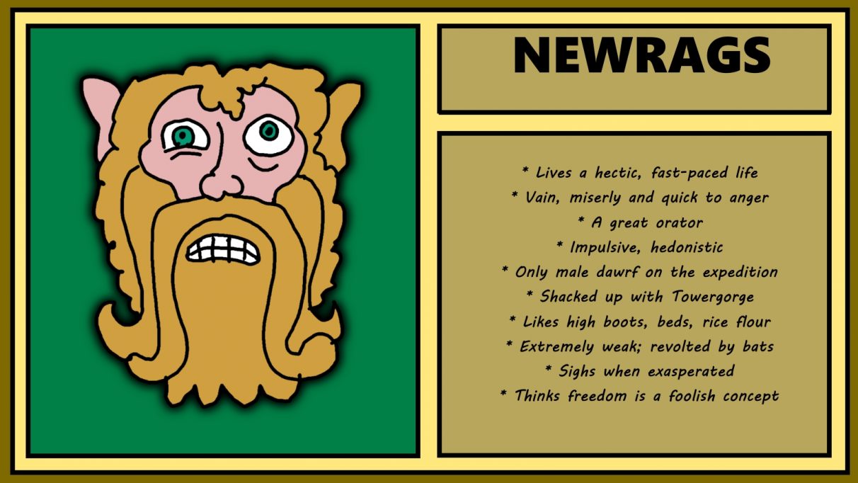Biographical information for a stressed looking male dwarf called Newrags, with a very long beard. He looks like a swedish allotment manager whose mind is collapsing. He lives a hectic, fast-paced live, yet is vain and miserly, as well as being impulsive and hedonistic. He is the only male dwarf on the expedition, and is in a relationship with Towergorge. Tbh it sounds like they deserve one another.