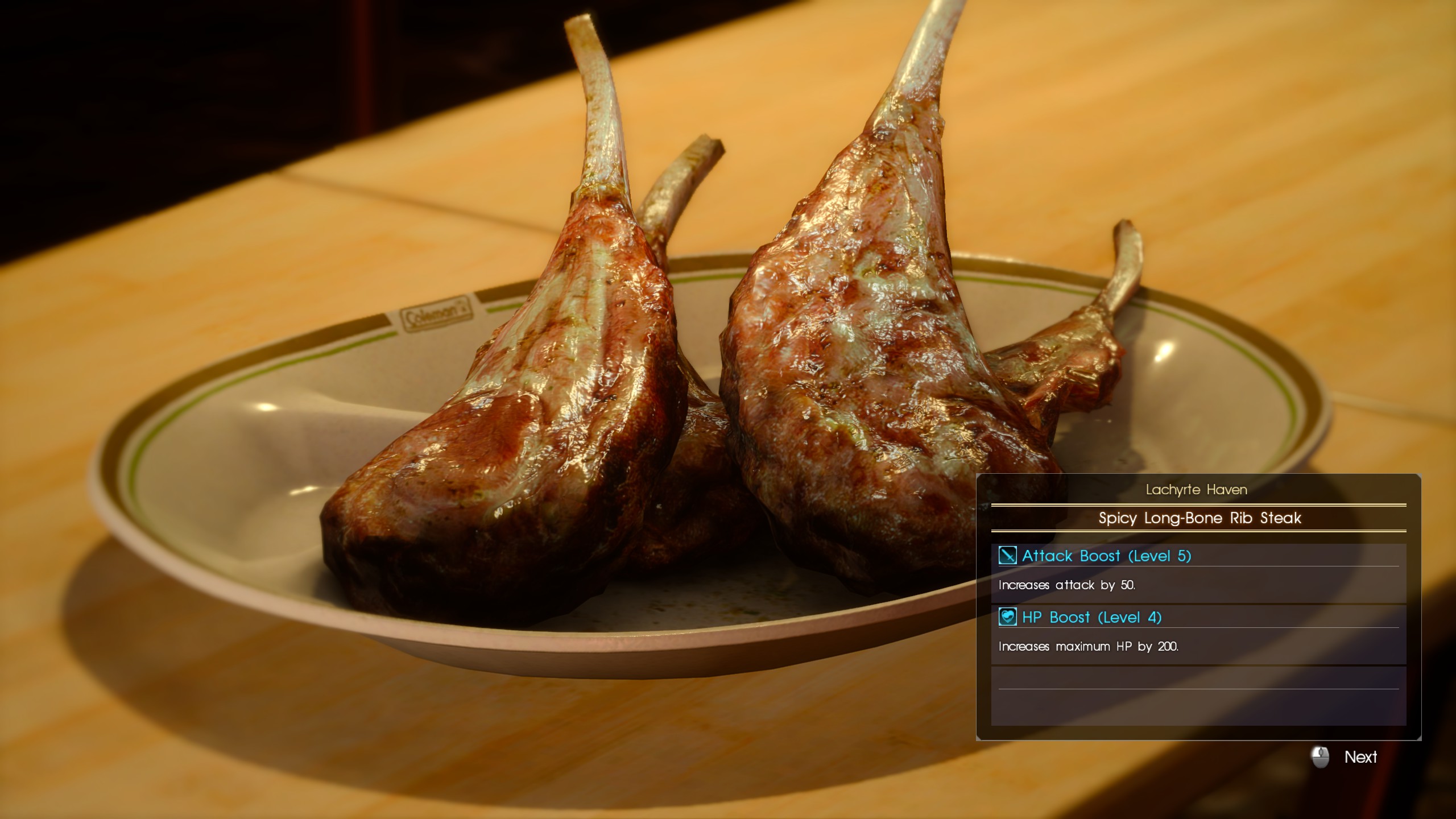 A plate of delicious spicy longbone rib steak as rendered in Final Fantasy XV