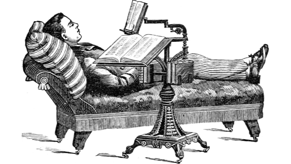 A man reading books from a many-armed reading table in an illustration from 'The Century illustrated monthly magazine.'.