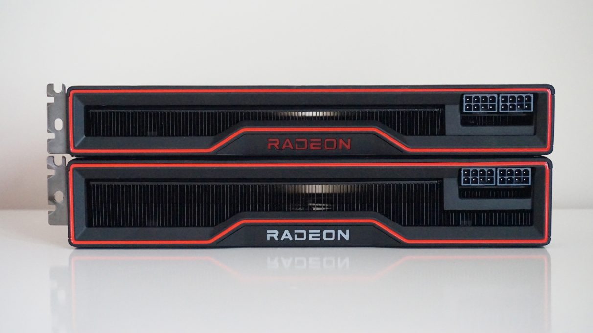 A side-on photo of the AMD Radeon RX 6800 graphics card on top of the RX 6800 XT.