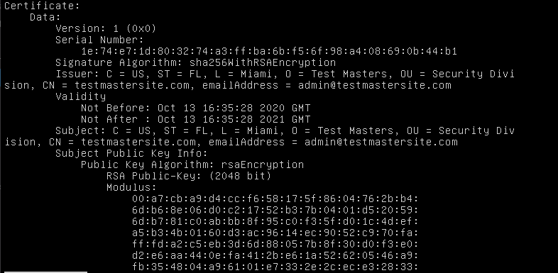 Example output of openssl req -text -noout -verify -in testmastersite.csr