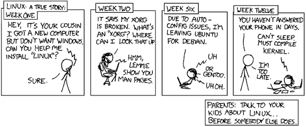 XKCD comic about cautionary tell of Linux desktop user 