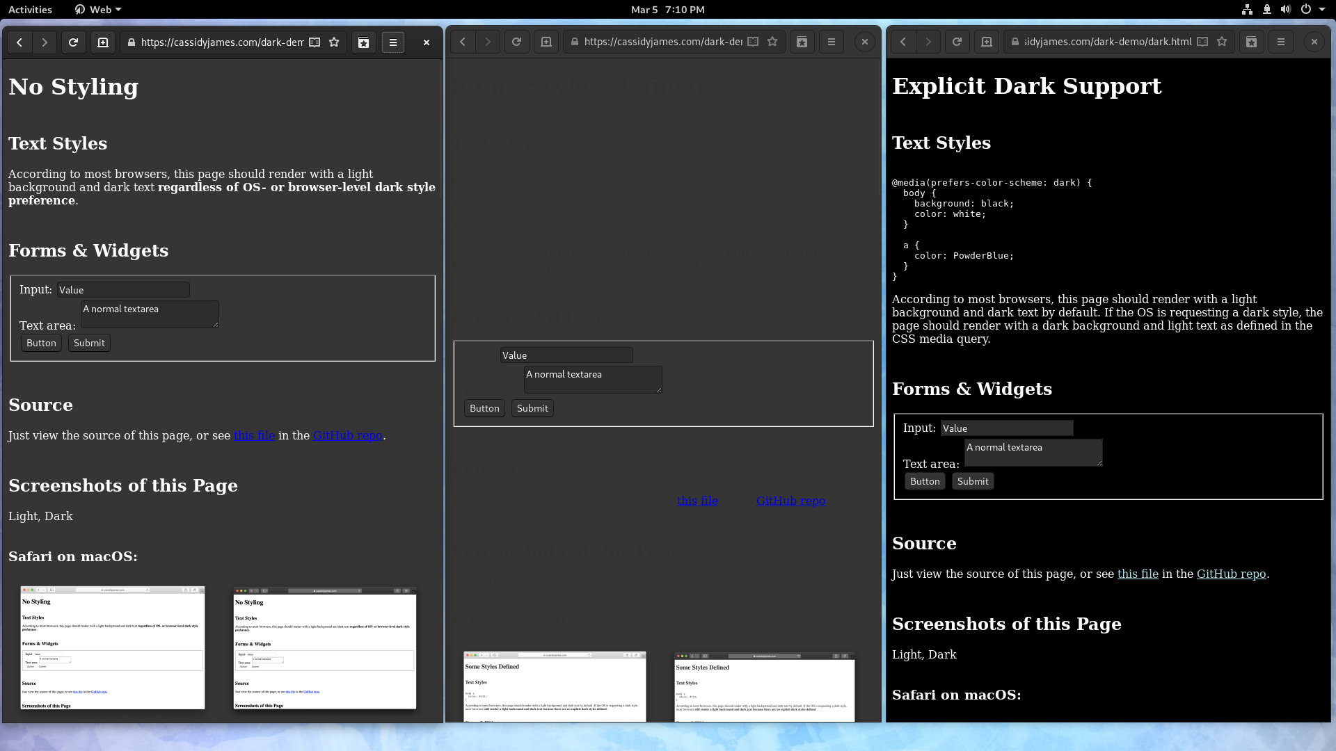 Screenshot demonstrating broken dark mode support