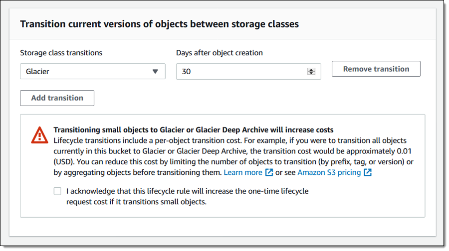 Setting up an S3 lifecycle rule to transition objects to Glacier 30 days after creation.