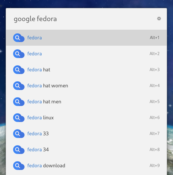 Google search Ulauncher extension listing suggestions for fedora