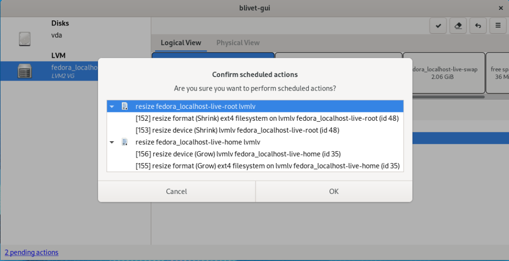 Review the changes in blivet-gui and then accept to reclaim hard-drive space.