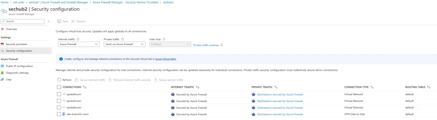 This image is a screenshot of the user experience of configuring routing intent and policies through Azure Firewall Manager. The inter-hub setting is toggled to Enabled.