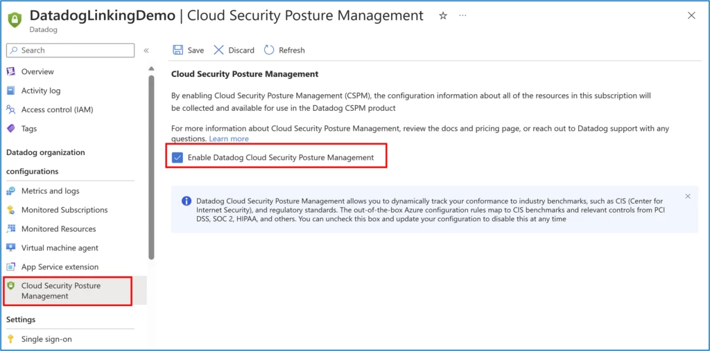 Screenshot depicting the Cloud Security Posture Management setting in the Datadog resource.