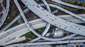 An aerial view of a highway interchange.