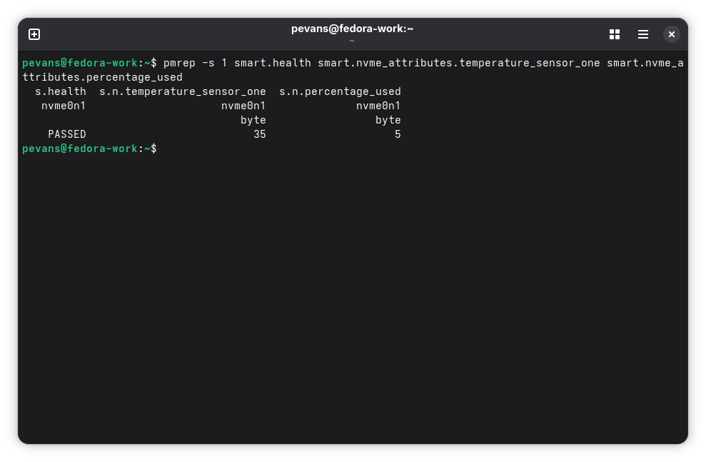 Terminal output showing 'pmrep' health overview with health status, temperature and wear level columns