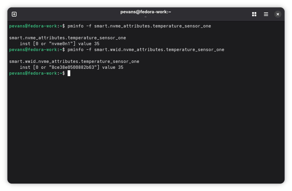 Terminal showing side-by-side comparison of device-based vs WWID based metric output
